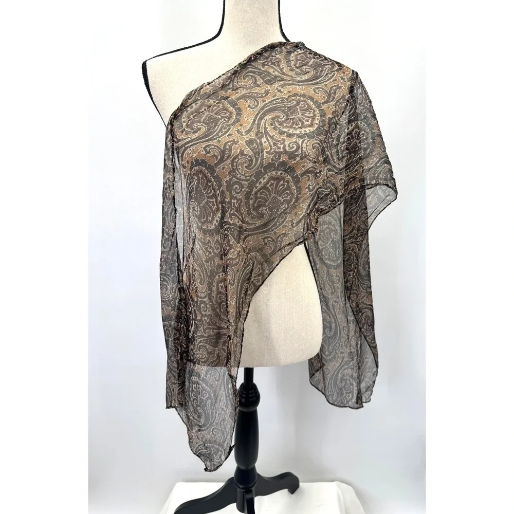 Cejon Brown Gold Silk Paisley Scarf Wrap Boho Earthy Lightweight Sheer Shawl